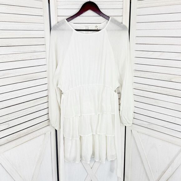 Entro Elizabeth Tiered Ruffle Bubble Sleeve Mini Dress White Medium Boho - Picture 10 of 16